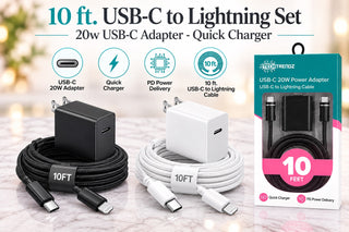 10 ft USB-C to Lightning charging set with black 20W adapter and cable