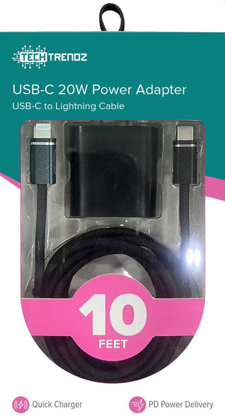 Black USB-C 20W power adapter with 10 ft USB-C to Lightning cable in box