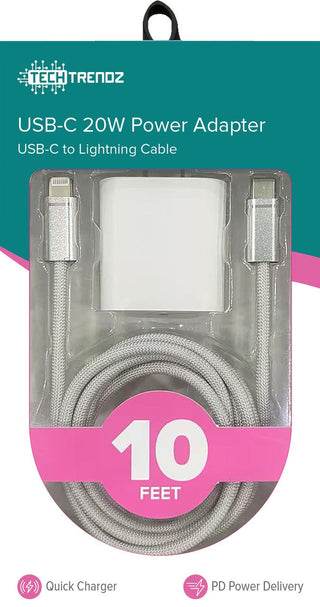 White USB-C 20W power adapter with 10 ft USB-C to Lightning cable in box