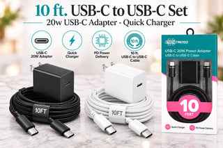 10 ft USB-C to USB-C fast charging set with black and white adapters and cable