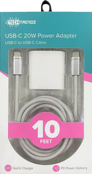 White USB-C 20W power adapter set with 10 ft USB-C to USB-C cable