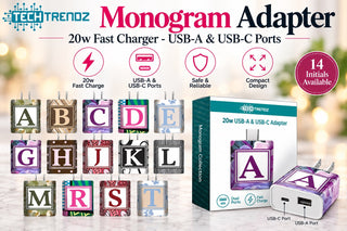 Monogram fast charging adapter with letter A, USB-A and USB-C ports in retail box.