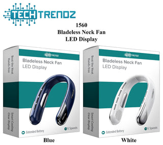 Blue and white bladeless neck fan retail boxes with LED display