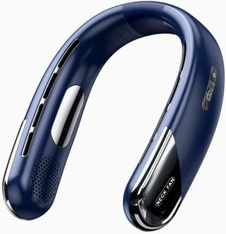 Blue bladeless neck fan with LED panel and curved no-blade airflow body