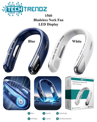Blue and white bladeless neck fan with LED display, no-blade curved neck design