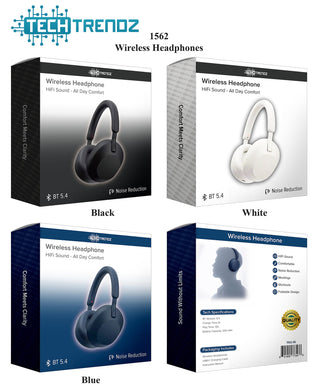 Wireless headphone boxes for black, white, and blue