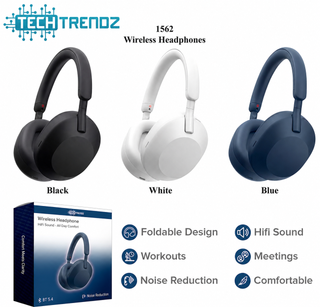 Wireless over-ear headphones in black, white, and blue