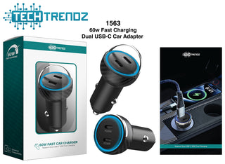 Black dual USB-C car charger, 60W fast charging adapter with blue LED ring