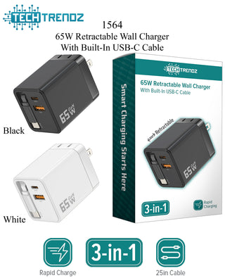65W retractable wall chargers with built-in USB-C cable, black and white, 3-in-1 box