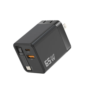 65W retractable wall charger, black with built-in USB-C ports and retractable design
