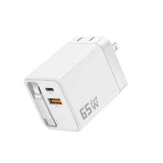 65W retractable wall charger, white with built-in USB-C ports and retractable design