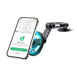 Black magnetic phone mount holding a smartphone on a circular magnetic disk