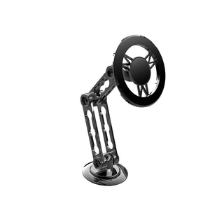 Black magnetic phone mount with clamp arms and circular magnet on a stand base
