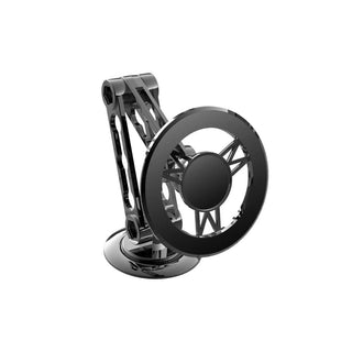 Black circular magnetic phone mount with folding support arms and stand base