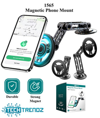 Black magnetic phone mount with adjustable arms and circular suction base
