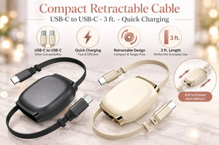 Retractable USB-C to USB-C charging cable with compact auto-retract housing, black and ivory