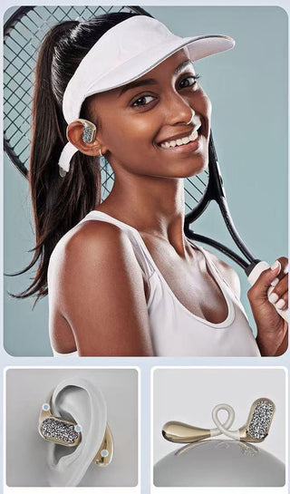 Gold glitter open-ear wireless earbuds, shown worn and in close-up