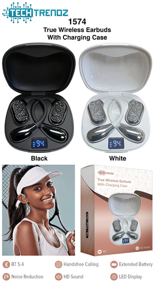 Wireless earbuds with charging case, black and white earbuds in open case