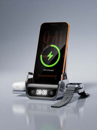 Black wireless charging stand with clock and phone charging pad, compact dock