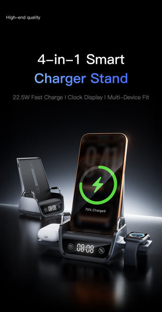 Black 4-in-1 charging stand with green lightning icon and device cradle