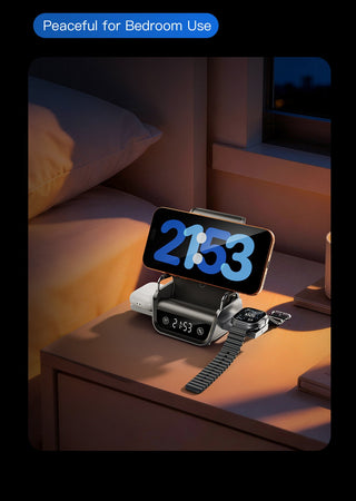 Black charging station on nightstand with illuminated clock display and pad