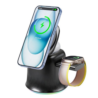 Black wireless charger with phone stand, watch cradle, and foldable pad base