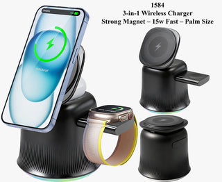Black 3-in-1 wireless charger dock with charging pads and wrist strap stand