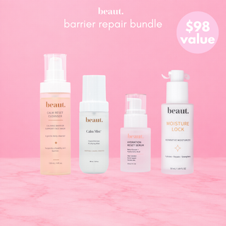Barrier repair skincare bundle with four beaut. bottles for cleansing, mist, serum, and lock