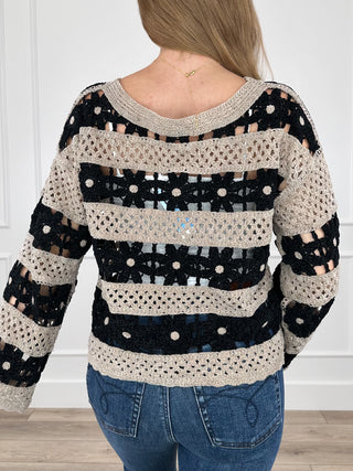 Cropped knit sweater, long sleeves, black and cream striped knit with dotted bands