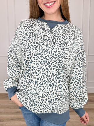 Isn't it Wild ribbed long sleeve top, leopard print blue-and-white