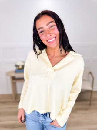 Avery Mae hooded knit long sleeve top, ivory front with V-neck placket