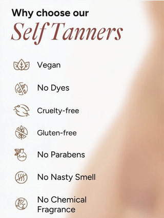 Self-tanning lotion benefits icons: vegan, no dyes, cruelty-free, gluten-free