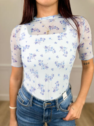 Admiring From Here Sheer Mesh Short Sleeve Blue Avery Mae Top
