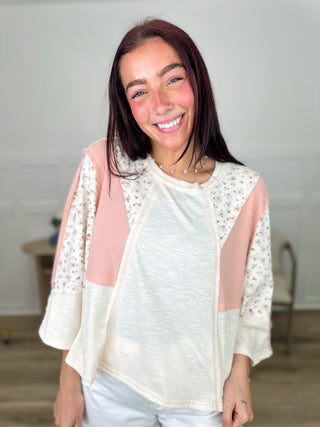 POL You Got Me 3/4 Sleeve Cream Mom Cropped Top