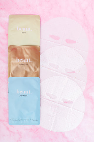 Sheet mask set with beaut. shine, H2O boost, and assorted masks