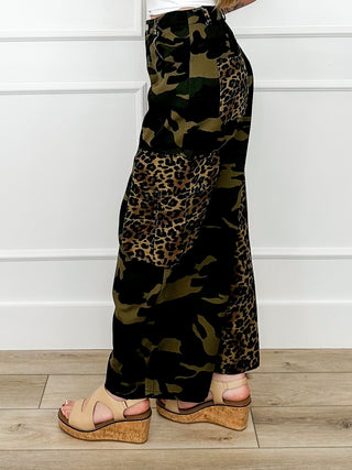 High-rise wide-leg cargo pants in camo and leopard print with large patch pockets