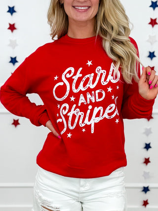 Stars & Stripes Cotton Blend Long Sleeve Red Avery Mae Graphic Crewneck Sweatshirt (Bella+Canvas)