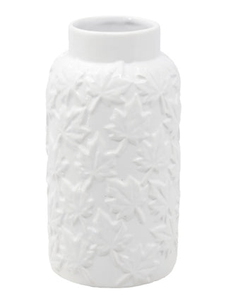 White ceramic jar with embossed floral pattern and short neck