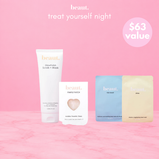 Skincare night bundle: glow scrub tube, pimple patch, blue and beige sheet masks