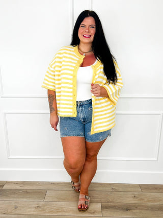 Shine on Knit Short Sleeve Yellow Avery Mae Button Up Cardigan