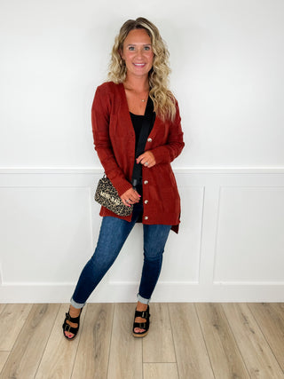 Fall Cozy Knit Long Sleeve Rust Avery Mae Button Up Cardigan
