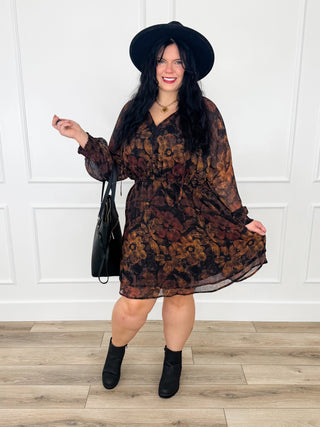Floral print dress with V-neck, long sleeves, and short hem
