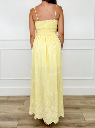 Yellow cotton blend maxi dress back view with spaghetti straps and gathered waist