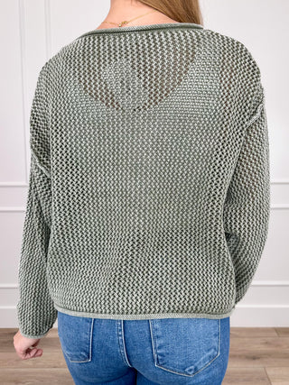 Green cotton knit sweater back view with crew neck and textured stitch pattern