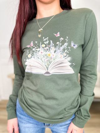 Floral Fable Cotton Long Sleeve Green Avery Mae Graphic Tee Shirt