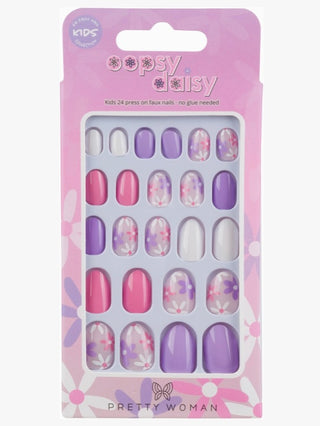 Kids press-on nails set with purple and pink floral butterfly designs, 24 nails