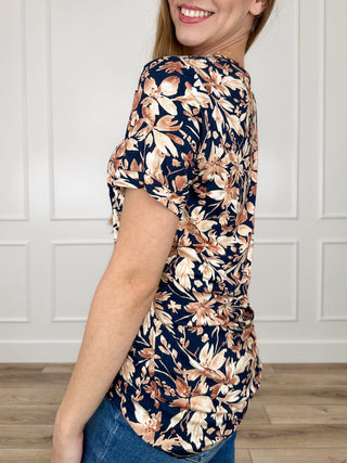 Blue floral rayon-blend short-sleeve top with ruched side shaping