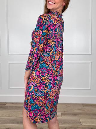 Teal paisley gabby dress, three-quarter sleeves, knee-length