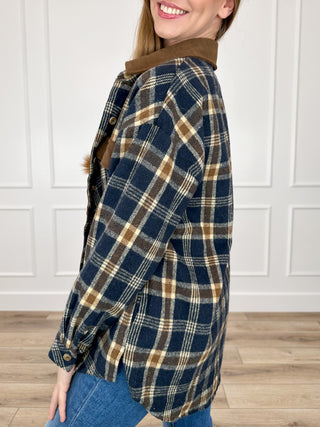 Navy and tan plaid flannel shacket, long sleeves, button front, collared