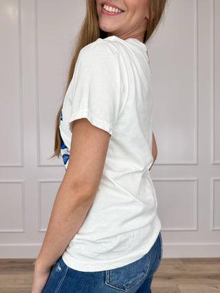 White cotton short-sleeve graphic t-shirt, side view with blue bow cheer print